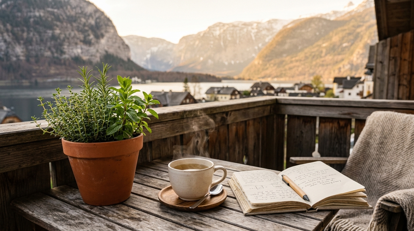 Morgendlicher Kräutertee auf einem sonnigen Balkon in Österreich
