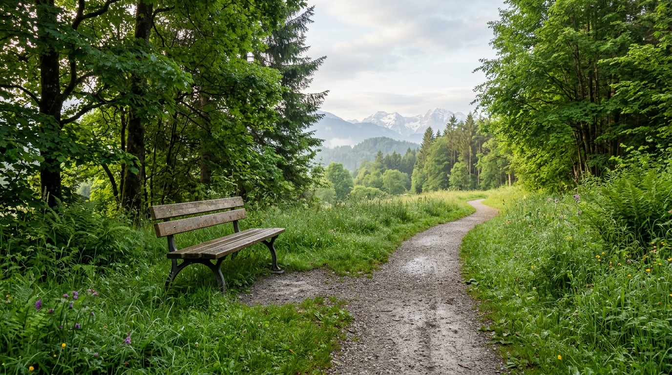 Friedlicher Spazierweg durch einen grünen österreichischen Park